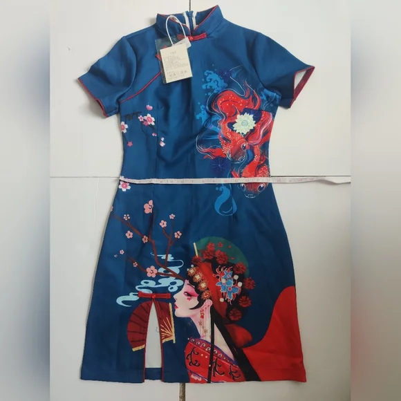 🆕 Authentic Chinese Blue & Red Qipao midi Dress Koi fish cherry blossom fans_Sm - Picture 9 of 11